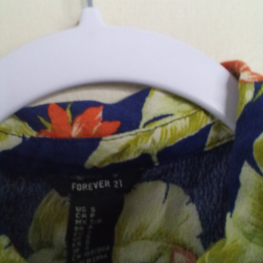 Forever 21 Shirt Women S Button Up Short Sleeve Tropical Hawaiian Blue Yellow - Picture 10 of 15